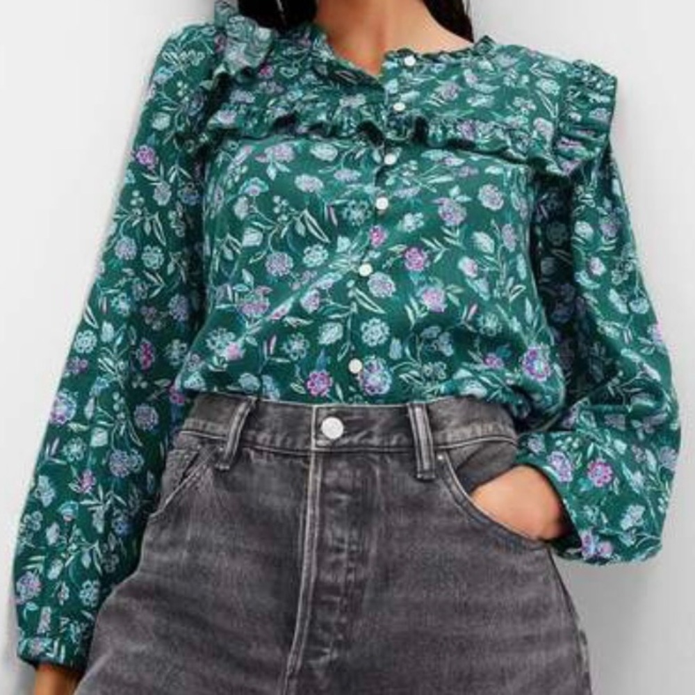 Gap Floral Ruffle Blouse Large Green